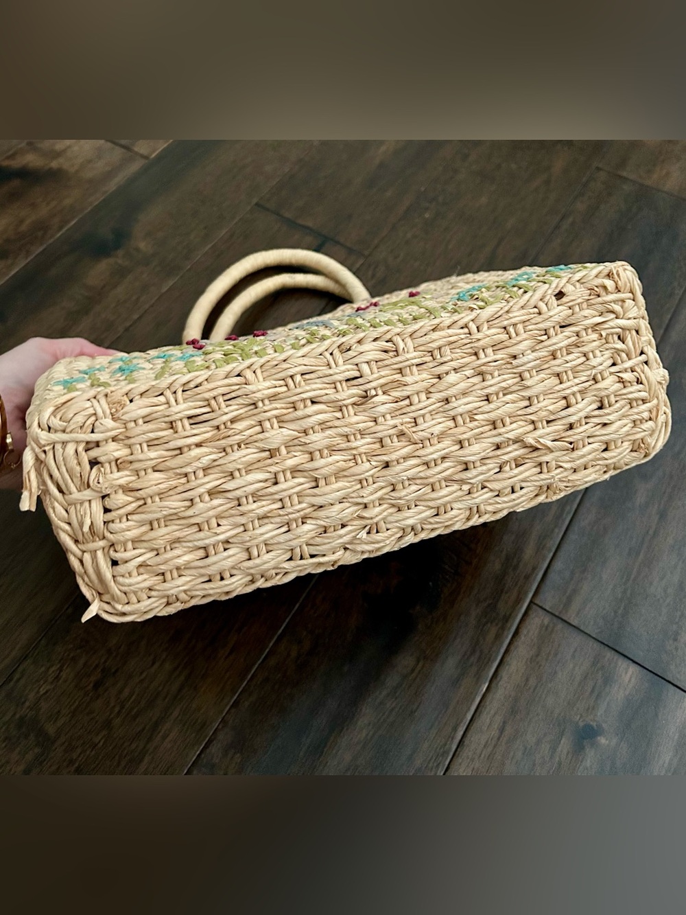 Hand-Embroidered Woven Straw Tote Bag Floral Cornhusk Handbag Cottagecore Boho - Picture 6 of 9